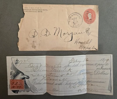 FOWLERVILLE MICHIGAN 1899 Cover Note Revenue Stamp to B.B. Morgan HOWELL MI  - Image 1 of 2