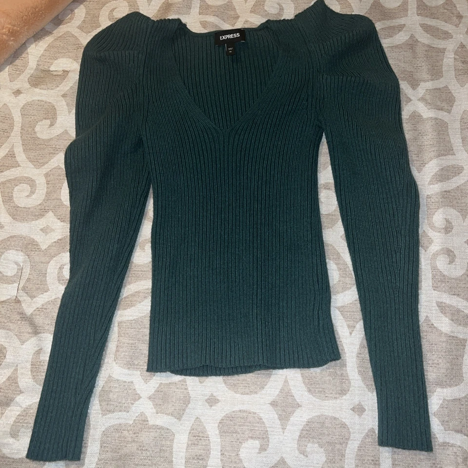 Express Womens Green Ribbed Sweater Pullover XS Knit VNeck Long Puff Sleeve - Image 1 of 4