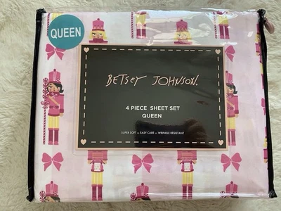 4 Piece Betsey Johnson QUEEN Sz Sheet Set Girl Nutcracker Bow Stripe Pink NEW - Image 1 of 4