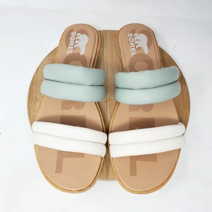 Sandalias Sorel Ella Puff II para mujer 10 blancas verdes correas de cuero zapatos con tiras - Imagen 1 de 12