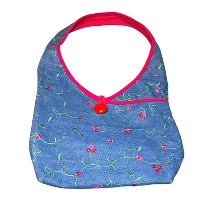 Bolso de Hombro Denim Bordado Estampado Floral Azul Rojo Botón Hobo Bolso Y2K Informal Foto 1 de 4