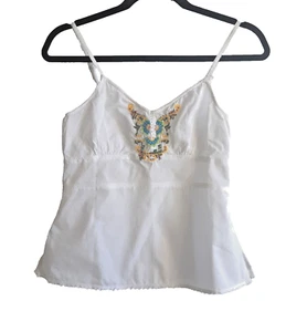 Cami top Tommy Hilfiger Y2K ricamato ritagliato cotone bianco fine spacco zip US 4 - Foto 1 di 14