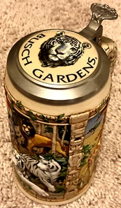 Vtg 1993 Busch Gardens Ceramic 7.5" Beer Stein Mug EXTINCTION IS FOREVER Lidded - Picture 1 of 11