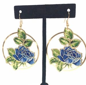 Women Handmade Artisan Floral Round Dangle Earrings Gold Blue Green - Picture 1 of 6