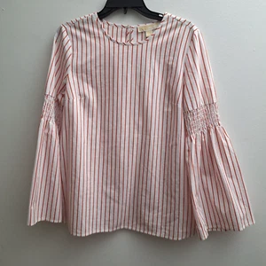 Michael Kors Blouse Small White Red Stripes Long Sleeves Flare Keyhole Top NWT - Picture 1 of 7