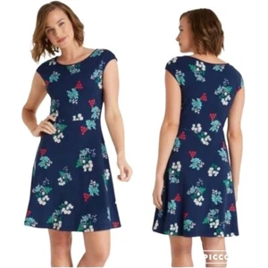 Draper James Ponte A Line Floral Dress sz M Cap Sleeve Stretch Scuba Nassau Navy - Picture 1 of 9