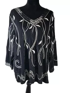 2X BLOUSE LAUREN MICHELLE WOMAN METALLIC THREADS w SATIN ACCENTS BLACK /SILVER - Picture 1 of 13