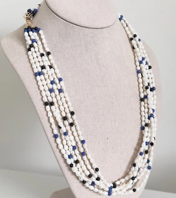 Vintage 14k Yellow Gold Pearl 6 Row Multi Strand Onyx Lapis Statement Necklace - Image 1 of 4