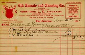 1911 ELK TAMALE AND CANNING CO. , SAN FRANCISCO LETTERHEAD/INVOICE - Picture 1 of 1