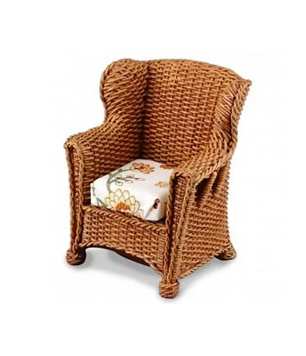 Sedia In Rattan Marrone Con Cuscino Miniatura Reutter Per Giardino - Immagine 1 di 4