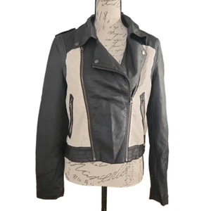 Bar III Women's Size Medium Black Cream Faux Leather Linen Moto Jacket - Picture 1 of 7