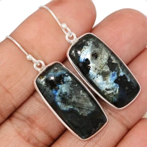 Natural Larvikite Stone (Black Moonstone), Norway 925 Silver Earrings CE49394 - Picture 1 of 1