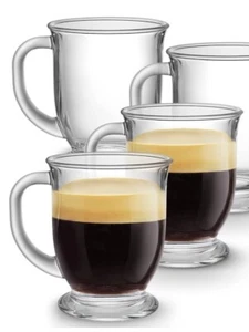 4 Piece 16 Oz Clear Glass Coffee Mug Set Dishwasher Safe Elegant Handle New - Picture 1 of 2