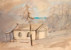 Contemporary pencil / watercolor painting landscape chapel - Picture 1 of 11