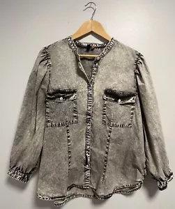 Anthropologie Pilcro Womens Puffed Long Sleeve Shirt Gray Acid Wash Cotton XL - Picture 1 of 9