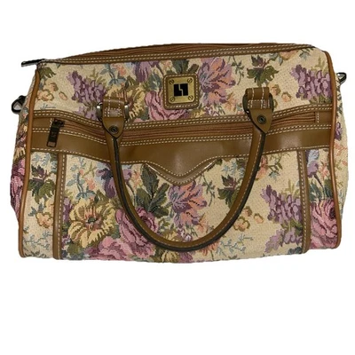 Tapiz de equipaje de ocio vintage años 80 beige floral maleta de mano bolso borde tostado Foto 1 de 4