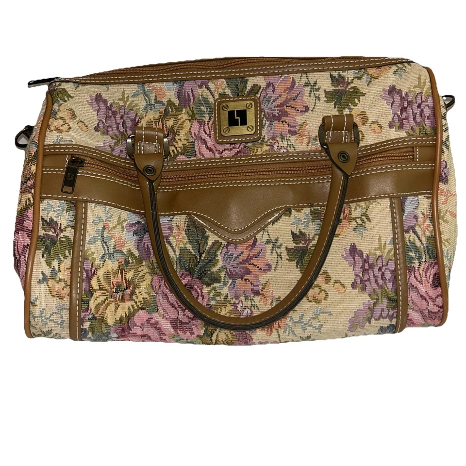 Bagagem de Lazer Vintage Anos 80 Tapeçaria Bege Floral Bolsa de Transporte Acabamento Bronzeado - Imagem 1 de 4