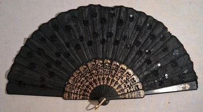 Asian Handheld Fan Plastic and Fabric Black, White and Gold 17x9 - Image 1 of 4
