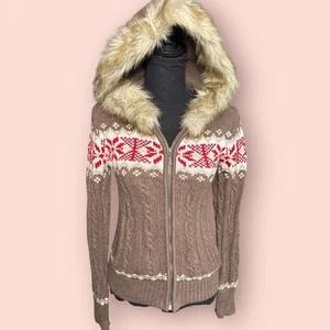 Y2K Aeropostale Fell Hoodie Schneeflocke Winter Schnee Häschen Bimbo mittelbraun Jacke - Bild 1 von 5