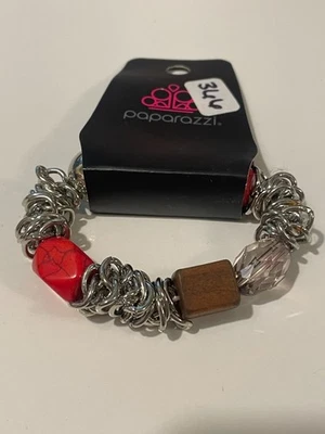 Pulsera elástica con cuentas tono plata paparazzi moda declaración joyería roja  Foto 1 de 3