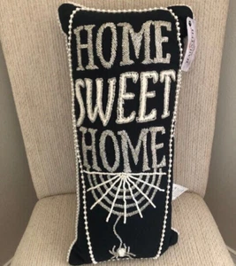 Haunted Manor "Home Sweet Home" Beaded Halloween Throw Pillow Black Silver 19x8 - Picture 1 of 5