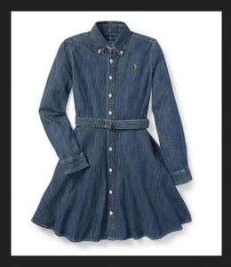 NWT Authentic Polo by Ralph Lauren Big Girls Belted Denim Shirt Dress in Indigo - Picture 1 of 15