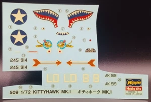 Hasegawa | No. 509 | 1:72 Curtiss Kittyhawk Mk.1 Decals - Picture 1 of 1