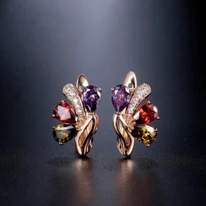 Gold Pierced Earrings Small Zircon Ruby Amethyst Jewels Gem Red Purple Green NWT - Picture 1 of 3