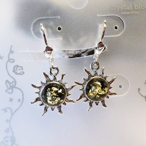 SCHMUCK-STCK Ohrringe Hänger 925 SILBER BERNSTEIN Sonne grün Strahlen - Picture 1 of 3