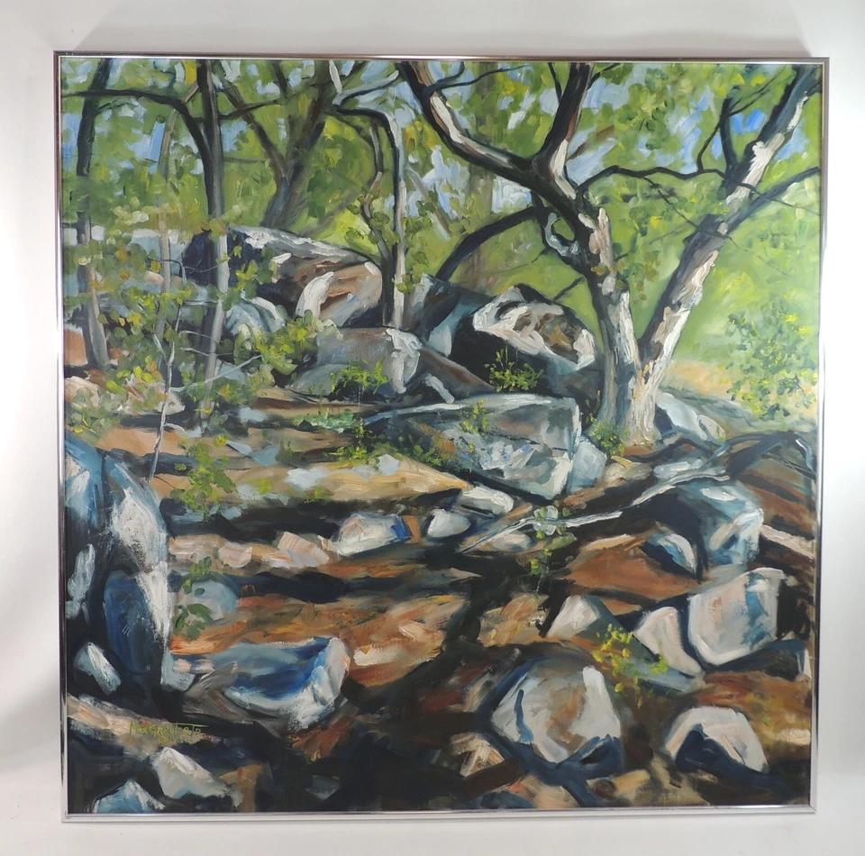 Pintura en lienzo original Max Greiner Jr 1983 bosque rocoso sombreado patrón de noviembre Foto 1 de 4