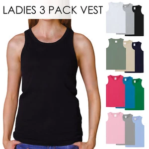 Ladies Vest 3 Pack Womens Multicoloured 100% Cotton Tee Crew Neck Size S-4XL - Picture 1 of 10