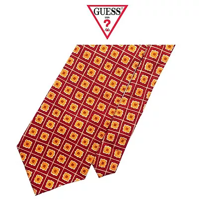 Guess Red Tie - Orange White Geometric Pattern On Grid 100% Silk Necktie  - Image 1 of 4