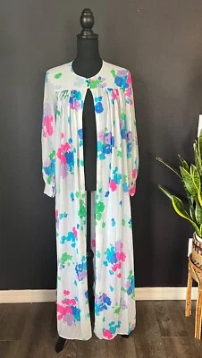 Vintage 60s Miss Elaine Peignoir Robe Nylon Chiffon Bright Floral Pink Blue Mod - Image 1 of 4