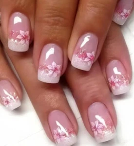 24 Stück Press On Pink Flower Nails French Tip Short Square Ready To Wear! - Bild 1 von 7