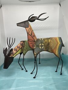 Plow and Hearth iron colorful patchwork design standing deer set of 2