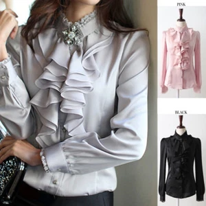 Lady Silk-like Long Sleeve Formal Shirt Frill Drape Ruffle Collar Blouse Top New - Picture 1 of 16