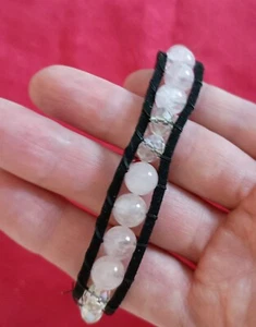Rose Quartz Spaced With Iridescent Beads And Black Leather Wrapped Bracelet - Picture 1 of 1