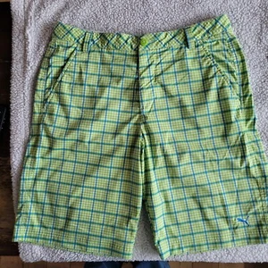 PUMA GOLF TECH men's 34. plaid 565519 shorts FLAT FRONT. GREEN BLUE WHITE. New - Picture 1 of 13