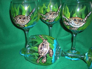 HAND PAINTED SEA TURTLE  GOBLETS / SET OF 4- 10 OUNCES EACH - Picture 1 of 3