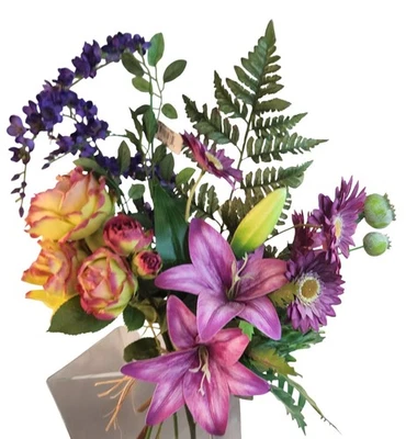 Artificial Wedding Bouquet Purple Lilies Yellow Roses Rustic Event Decor - Image 1 of 4