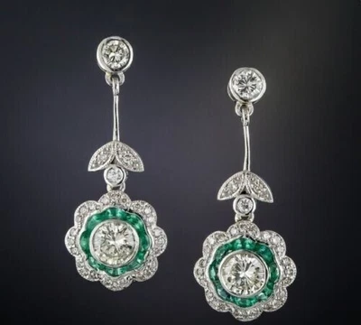 2.85Ct Art Deco Style Diamond CREATED Emerald Drop Dangle 14k White Earrings - image 1 of 4