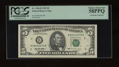DBR 1995 $5 FRN New York Fr. 1984-B PCGS 58 PPQ Serial B88246678B - Image 1 of 2