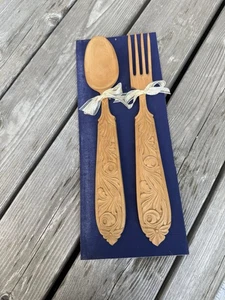 Norwegian Wooden Hand carved Serving Spoon And Fork Set - Picture 1 of 6