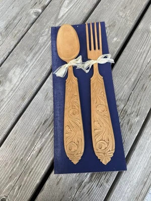 Norwegian Wooden Hand carved Serving Spoon And Fork Set - Image 1 of 4