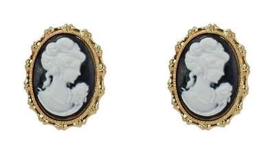 Pendientes camafeo ovalados en blanco y negro en montura de marco de oro victoriano Nuevos Foto 1 de 4