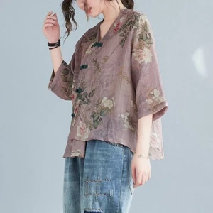 Damen Leinen Baumwolle Blumen Bluse Hemd Ethnisch Frosch Knopf Irregular Hem Top - Picture 1 of 11