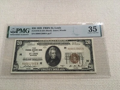 20.00 1929 Federal reserve Bank note St. Louis PMG 35 choice very fine - Image 1 of 2