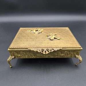 Antique French Gilt Bronze Jewelry Box Empire Style Mirror Orchids Footed AS IS - Picture 1 of 13