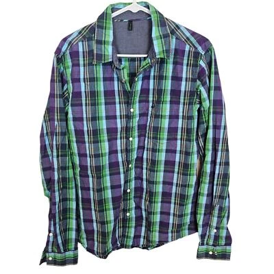 Stile Benetton Pearl Snap Shirt Plaid Shirt Men L Purple Blue Green Casual Shirt - Image 1 of 4