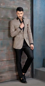 Men Brown Check Suit Stylish Designer Grooms Wedding Dinner Suits (Coat+Pants) - Picture 1 of 2